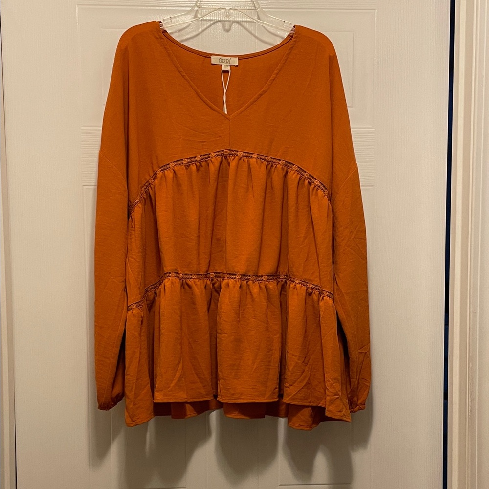 ODDY Women's Rust Orange Tiered V-Neck Tunic